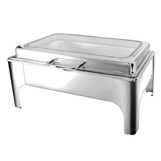 Silver Crystal Crown rectangle chafing dish, angled view with glass lid
