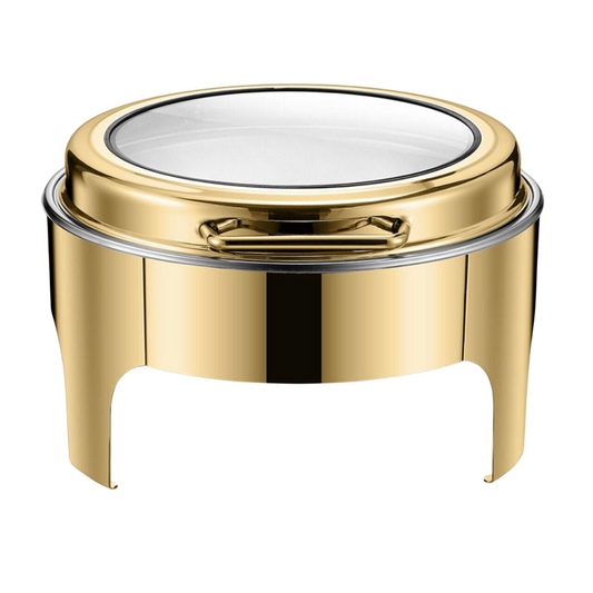 Gold Crystal Crown round chafing dish with straight legs and a glass lid, front view