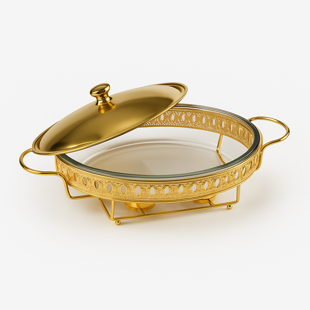 Gold serving dish with lid on a white background