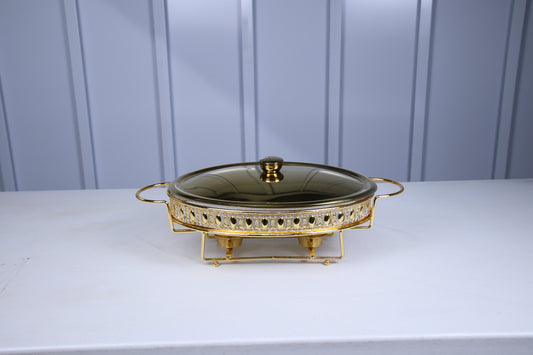 Crystal Clear home chafing dish with the glass lid on