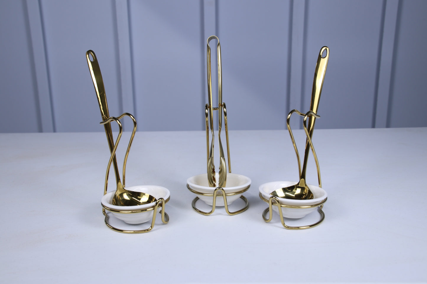Gold Serving Spoon (with Holes) & Utensil Holder
