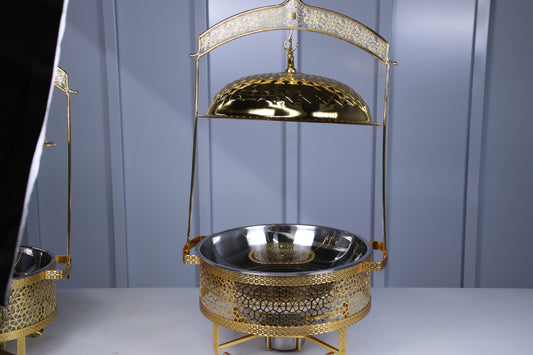 Gold Luxury Dining hanging chafing dish with the lid lifted on its ornate frame