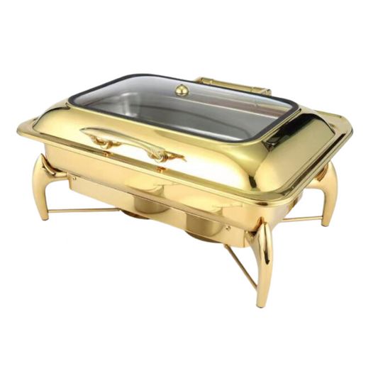 Gold Luxury Dining rectangle chafing dish, front three-quarter view
