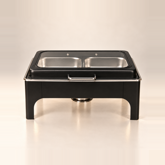 Jet black Crystal Crown rectangle chafing dish, front view, with two stainless food pans visible through the glass lid