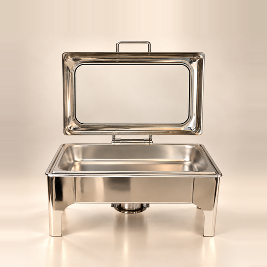 Silver Crystal Crown rectangle chafing dish with the glass lid raised, showing the stainless food pan