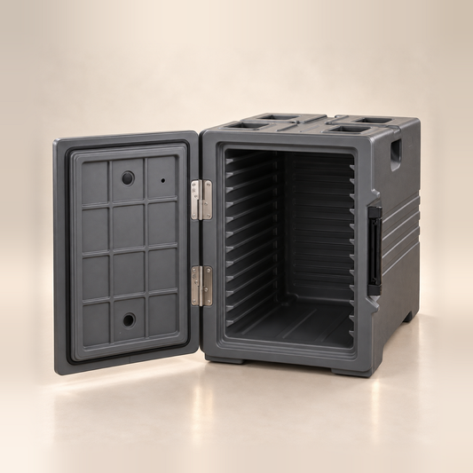 Dark charcoal insulated food pan carrier with the door open, showing the empty interior with its pan rails and the grid panels inside the door
