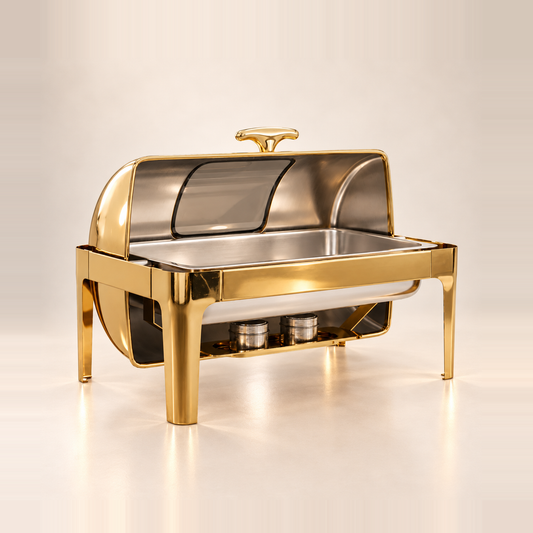 Gold Rolling Top rectangle chafing dish with the roll-top lid rolled open, showing the food pan