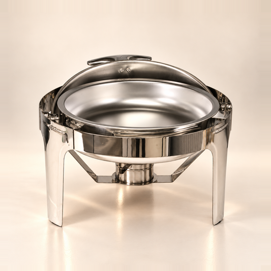 Silver Rolling Top round chafing dish with the roll-top lid rolled back, showing the food pan