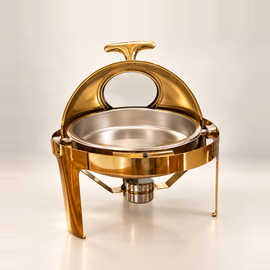 Gold Rolling Top round chafing dish with the roll-top lid rolled back, showing the food pan