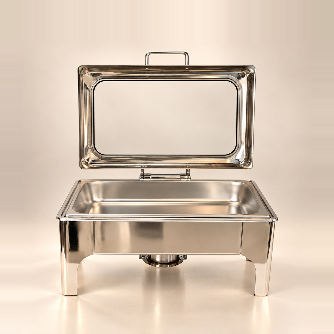 Silver Crystal Crown rectangle chafing dish with the glass lid raised, showing the stainless food pan