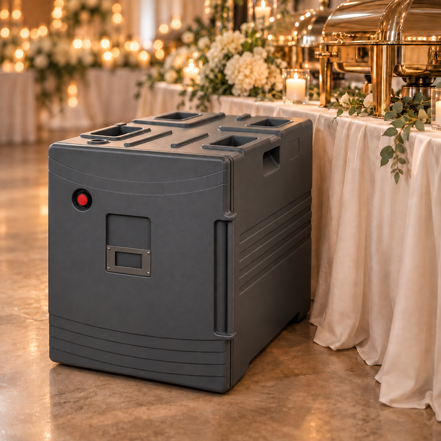 Illustration: insulated food pan carrier standing beside a draped buffet table with gold chafing dishes at a wedding venue