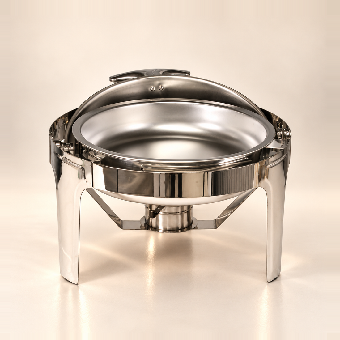 Silver Rolling Top round chafing dish with the roll-top lid rolled back, showing the food pan