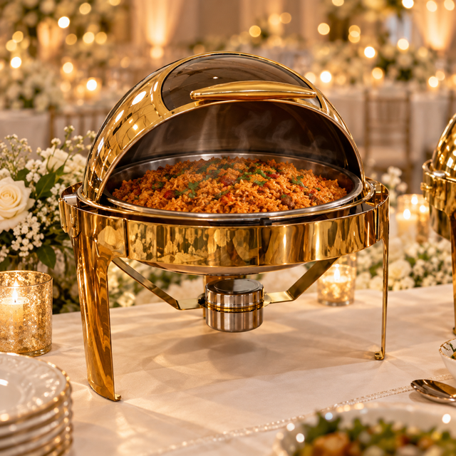 Illustration: gold Rolling Top round chafing dish on a wedding reception buffet table with the lid rolled back, showing jollof rice