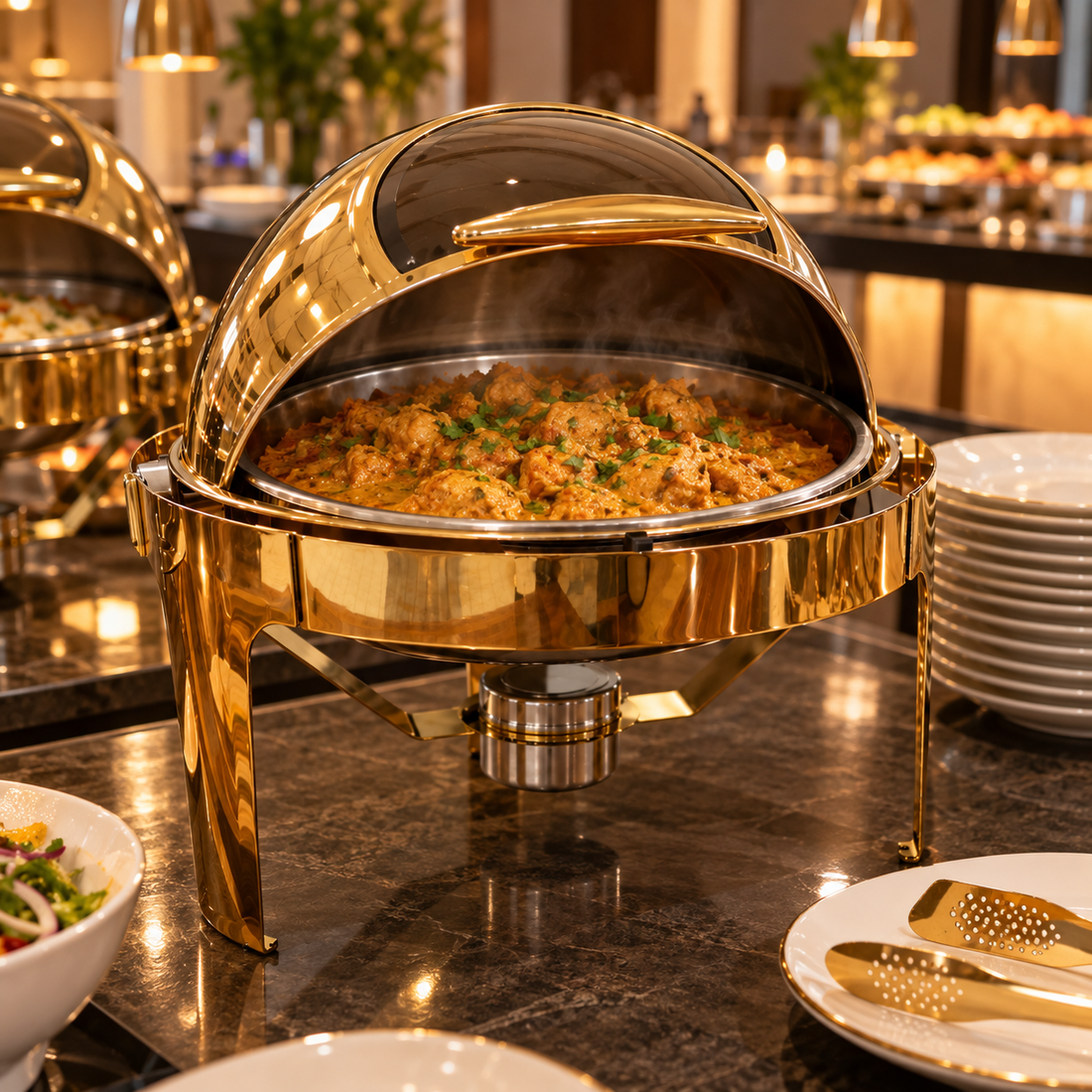 Illustration: gold Rolling Top round chafing dish on a hotel restaurant buffet line with the lid rolled back, showing creamy chicken curry