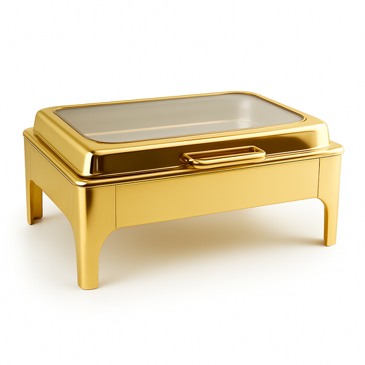 Gold serving tray with a reflective surface on a white background