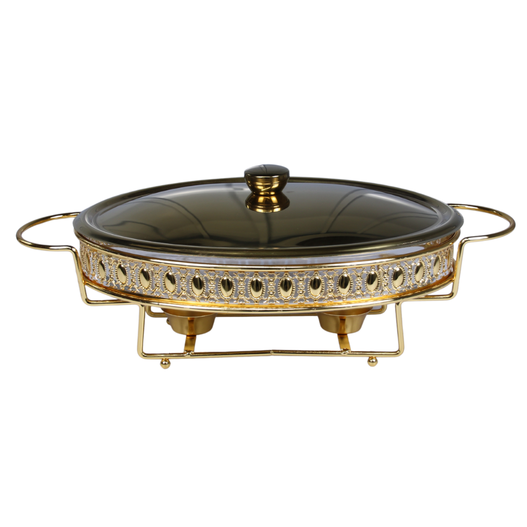 Crystal Clear home chafing dish, 3 litre, gold oval frame with a glass dish and tinted glass lid