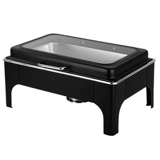 Crystal Crown rectangle chafing dish in jet black, 9 litre, glass lid