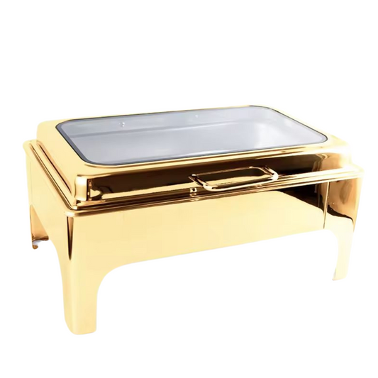 Crystal Crown rectangle chafing dish in gold, 9 litre, glass lid