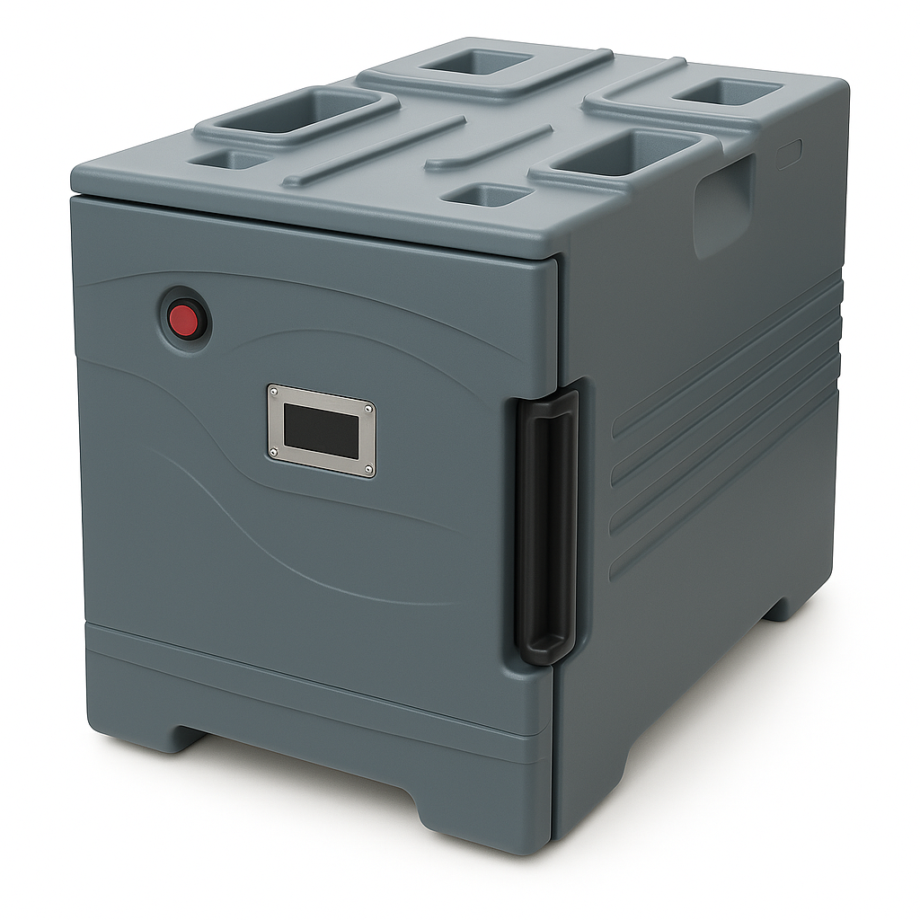 Gray storage unit with multiple compartments on a white background