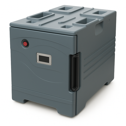 Gray storage unit with multiple compartments on a white background