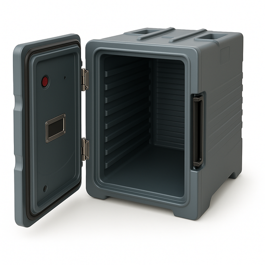 Gray food box with open door on a white background