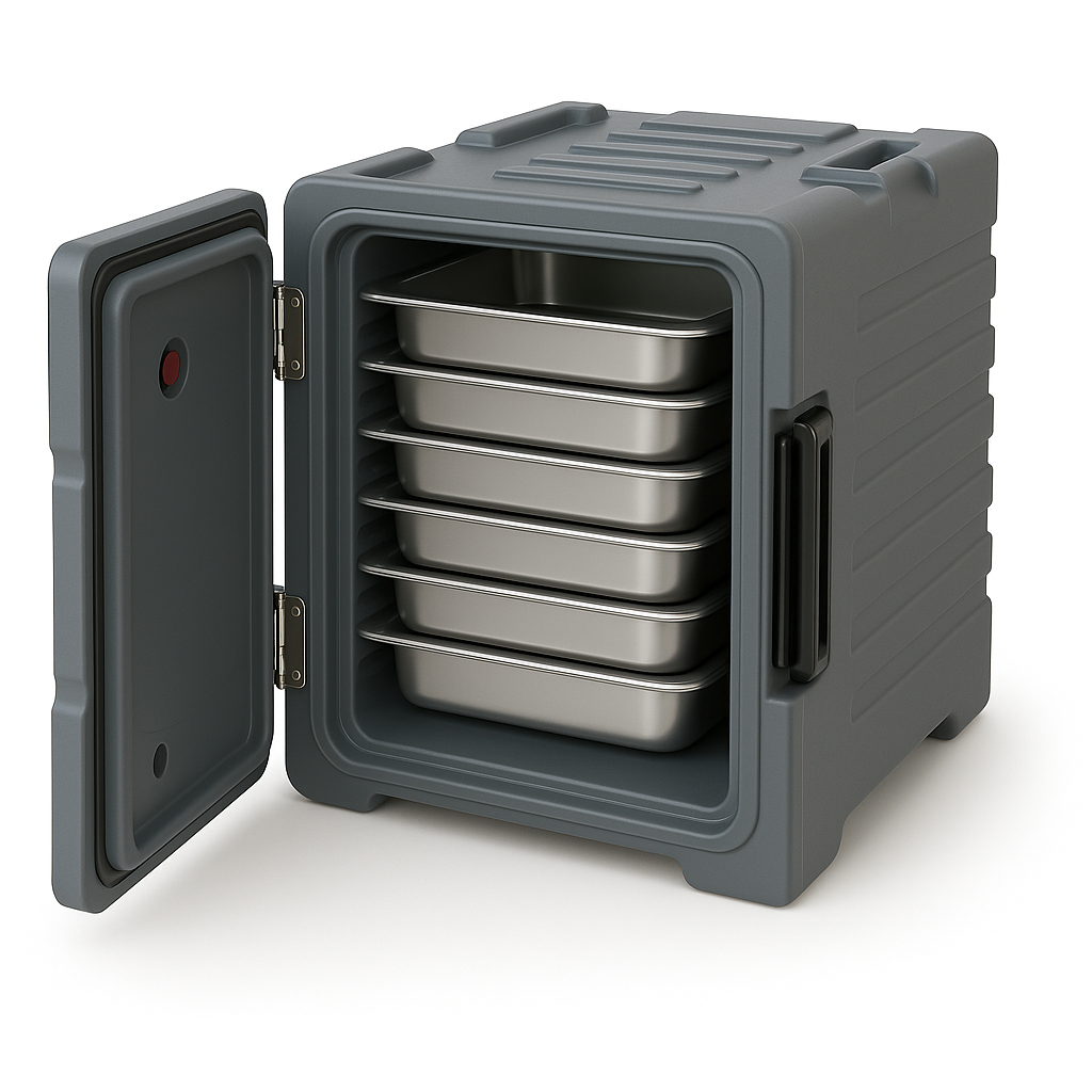 Gray food container with open lid showing stacked metal trays on a white background