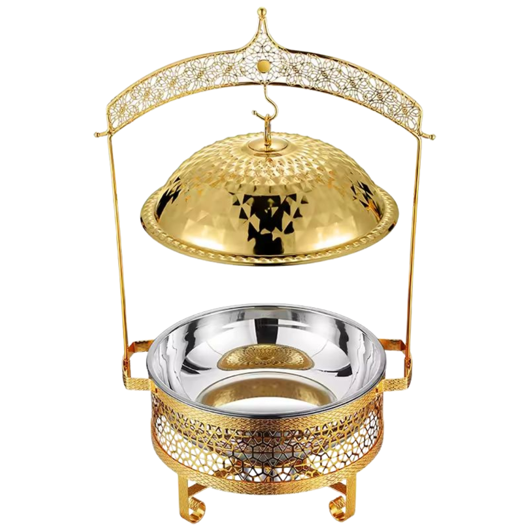 Luxury Dining hanging chafing dish in gold, 4.5 litre and 8 litre sizes, hammered dome lid on an ornate hanging frame