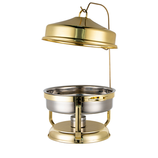 Deluxe Hanging chafing dish in gold, 9 litre, hanging dome lid on a tall stand