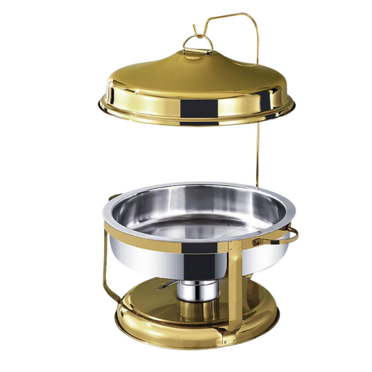Gold Deluxe Hanging chafing dish with the lid hung above the food pan