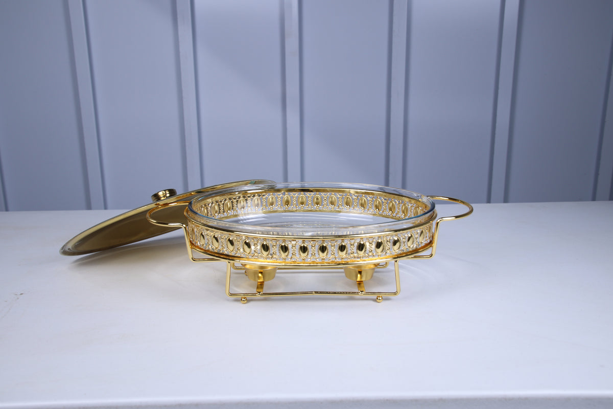Crystal Clear home chafing dish with the lid tilted open