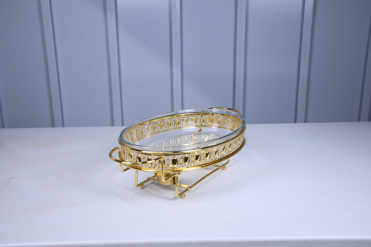 Crystal Clear home chafing dish, low side view