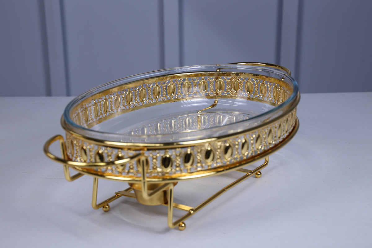 Crystal Clear home chafing dish, angled view of the gold frame and burner stand