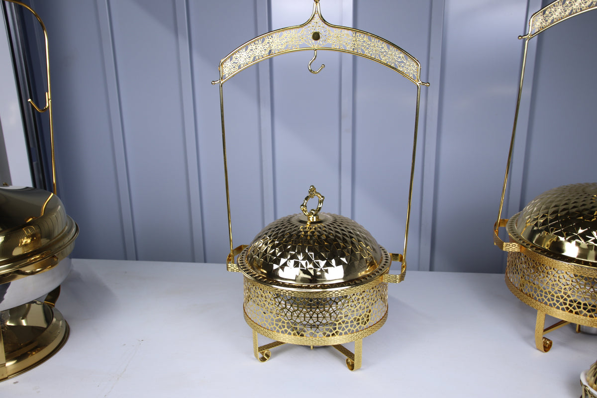 Gold Luxury Dining hanging chafing dish, closed, front view