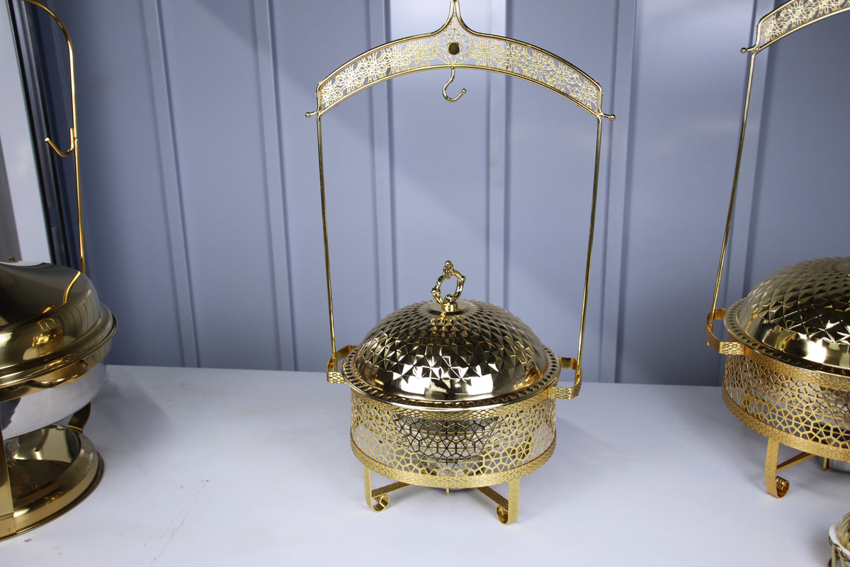 Gold Luxury Dining hanging chafing dish, closed, with its hanging frame