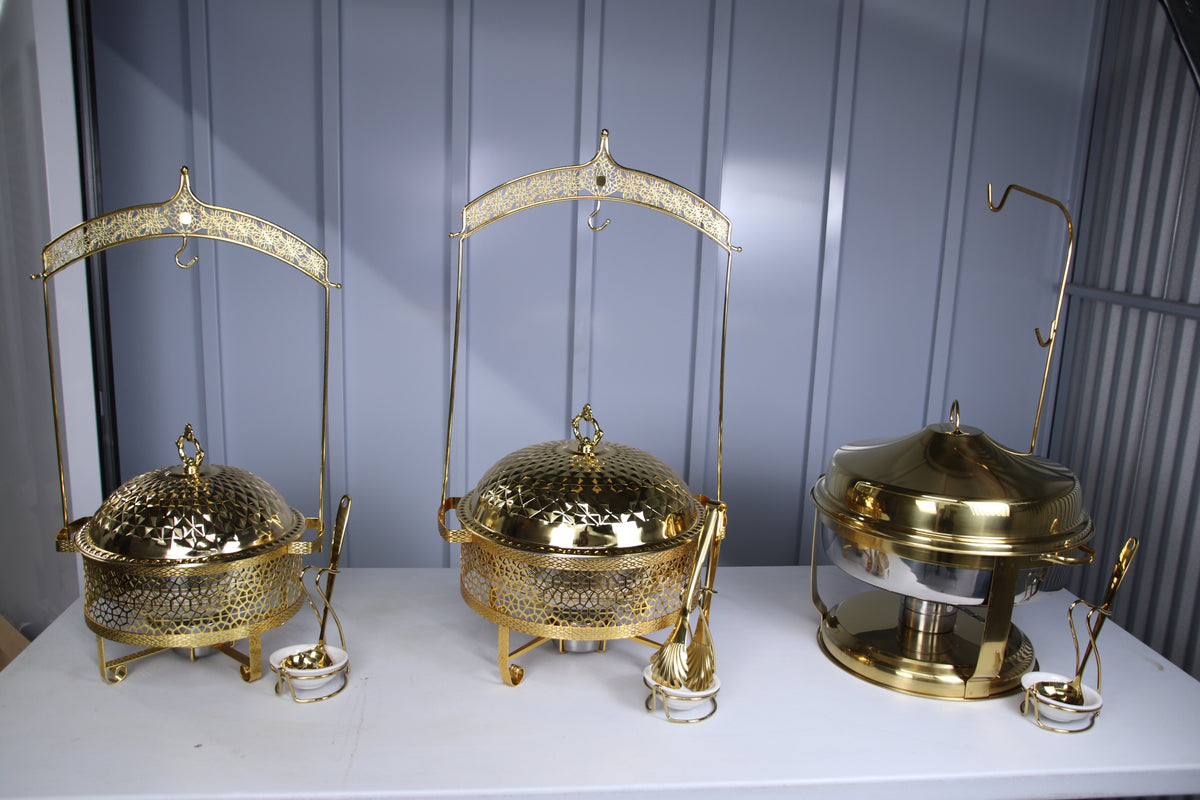 Two gold hammered-dome hanging chafing dishes in the 4.5 litre and 8 litre sizes beside a gold Deluxe Hanging dish