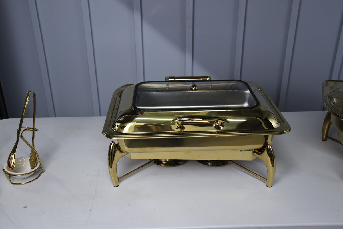 Gold Luxury Dining rectangle chafing dish with the glass lid closed