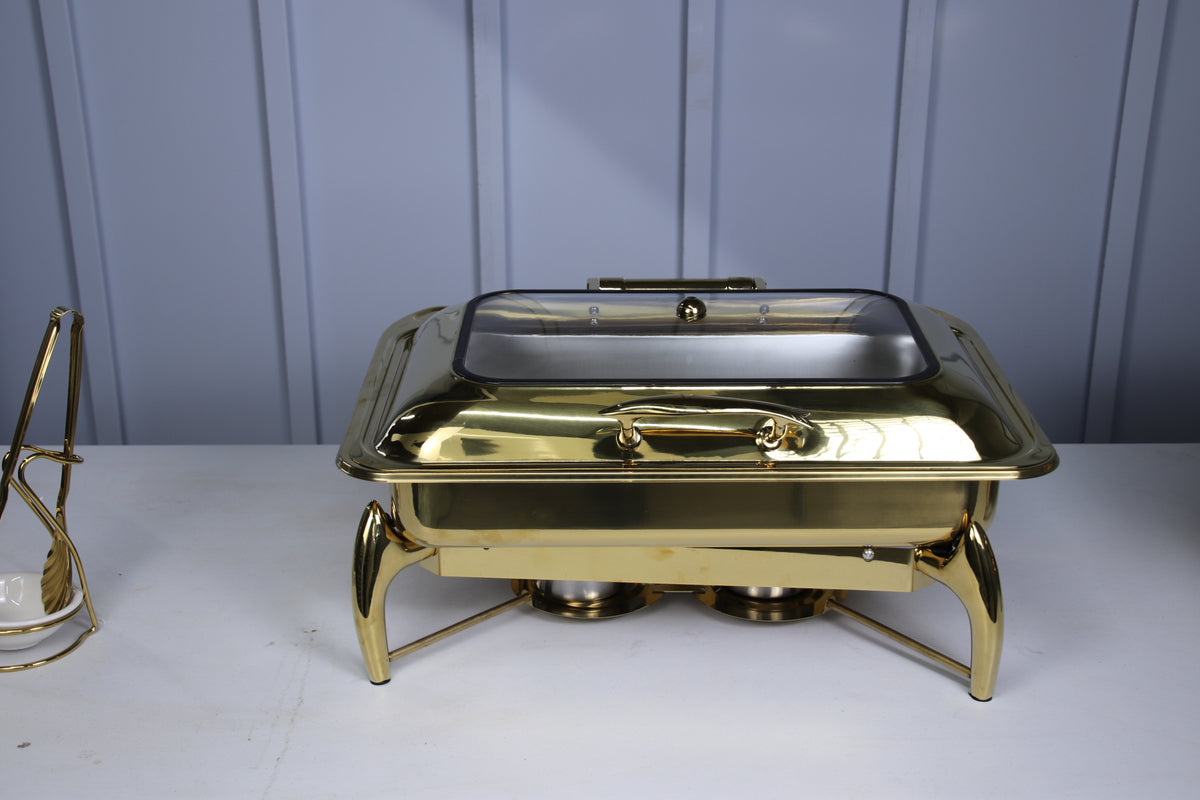 Gold Luxury Dining rectangle chafing dish, side view with burners underneath
