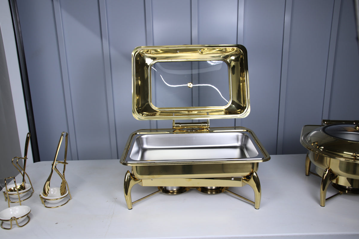 Gold Luxury Dining rectangle chafing dish with the glass lid raised