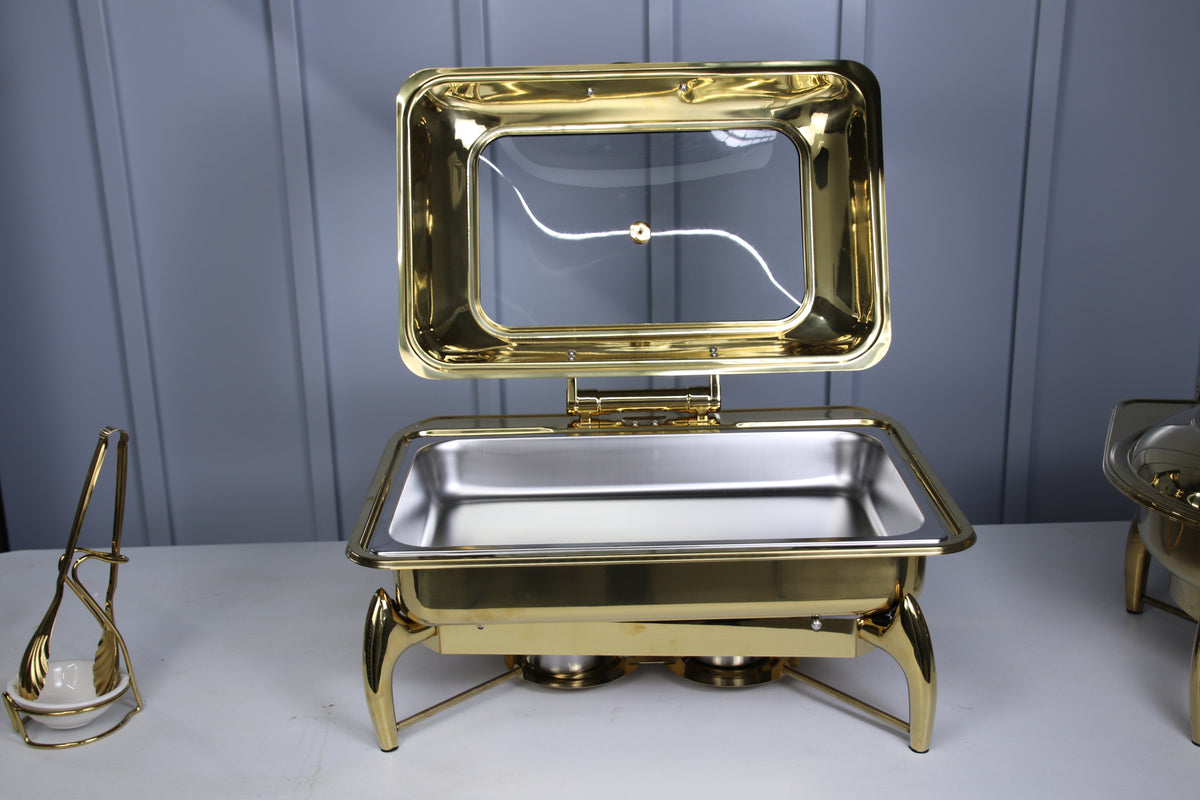 Gold Luxury Dining rectangle chafing dish with the lid fully open and the food pan visible