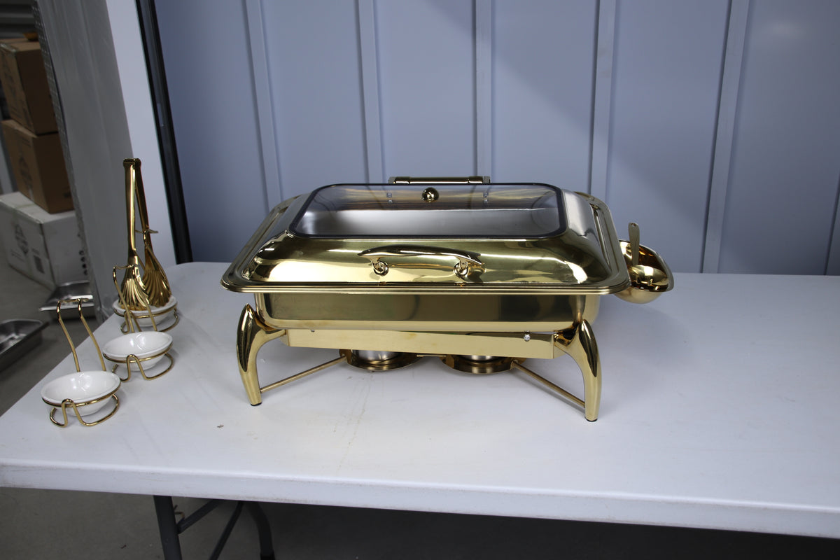 Gold Luxury Dining rectangle chafing dish on a table, lid closed