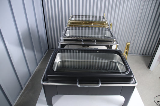 Jet black Crystal Crown rectangle chafing dish with the glass lid closed