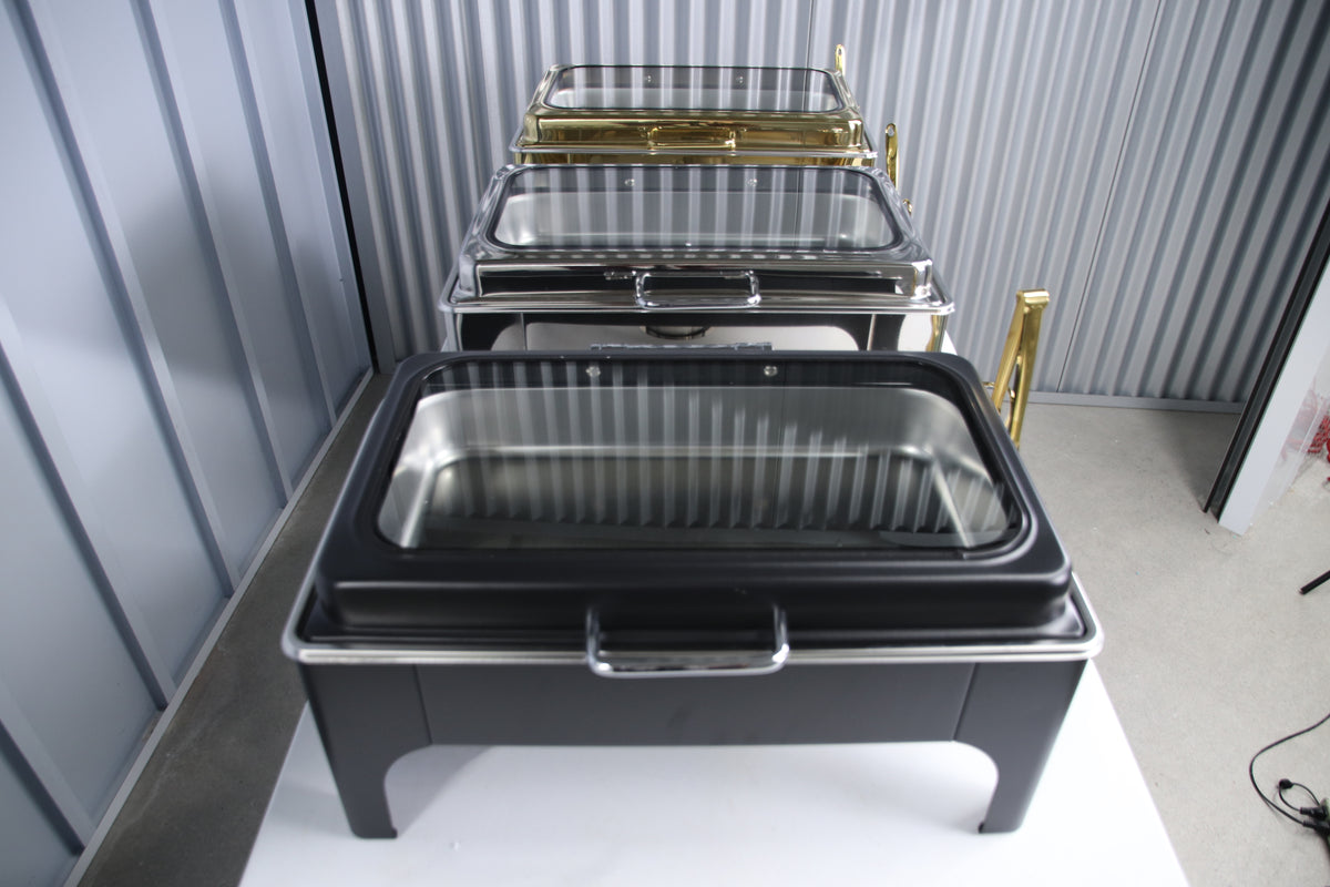 Jet black Crystal Crown rectangle chafing dish, front view