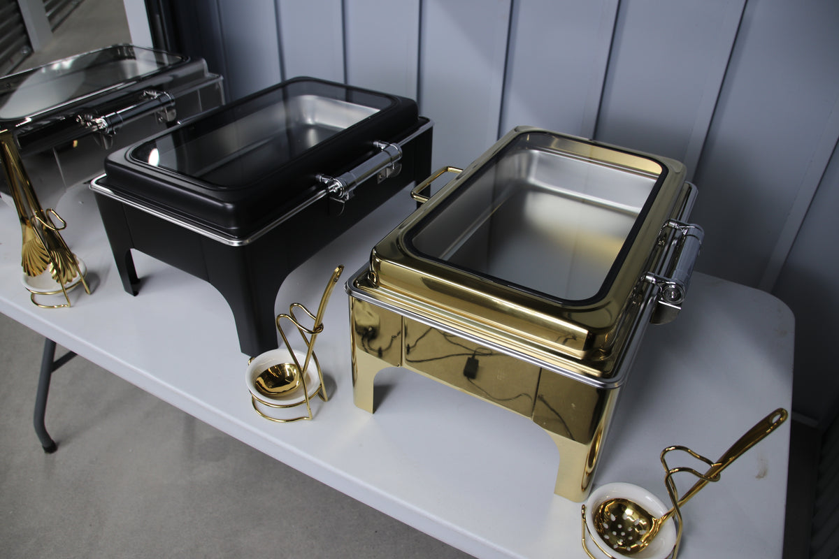 Gold and black Crystal Crown rectangle chafing dishes side by side