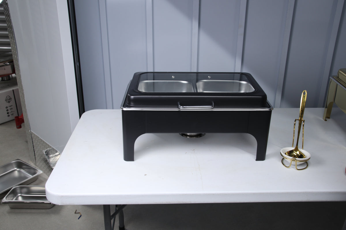 Jet black Crystal Crown rectangle chafing dish with two food pans, seen from the front