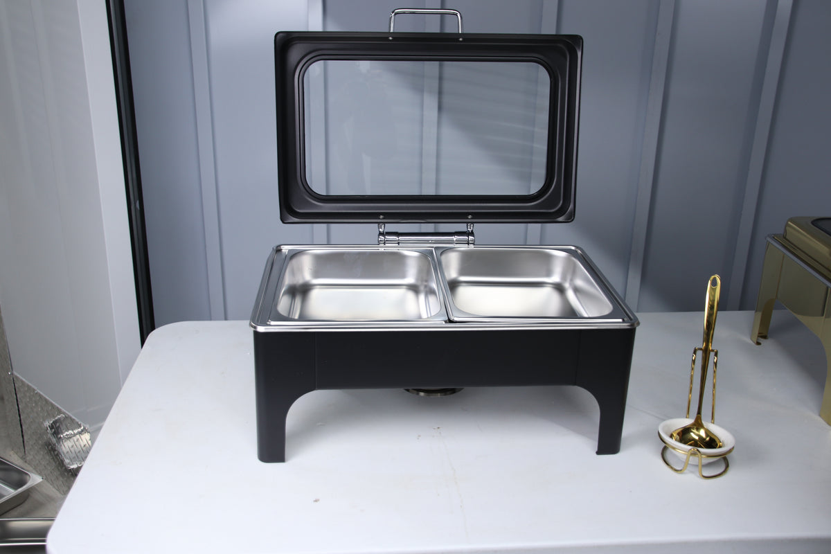 Jet black Crystal Crown rectangle chafing dish with the glass lid raised