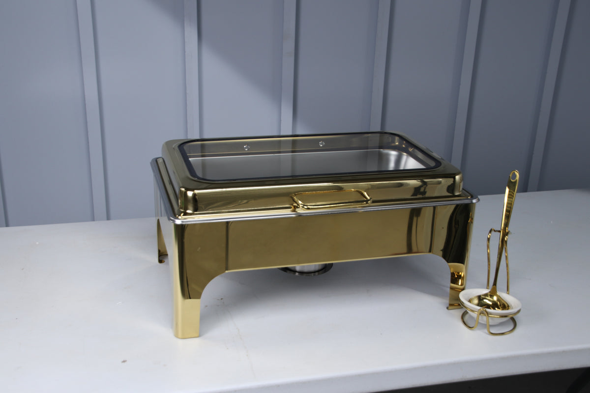 Gold Crystal Crown rectangle chafing dish with the glass lid closed
