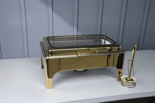 Gold Crystal Crown rectangle chafing dish with the glass lid closed