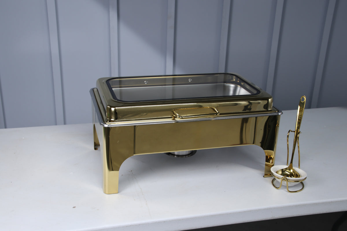 Gold Crystal Crown rectangle chafing dish, closed, side view