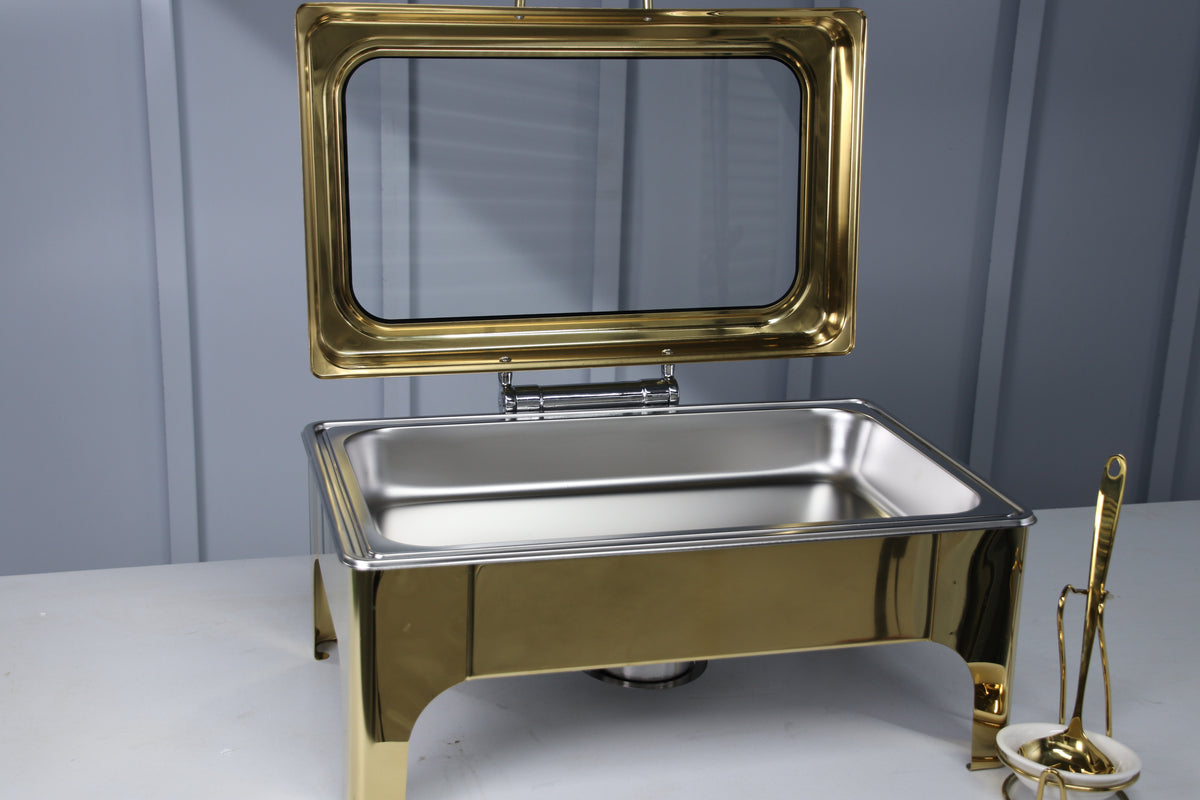 Gold Crystal Crown rectangle chafing dish with the lid raised