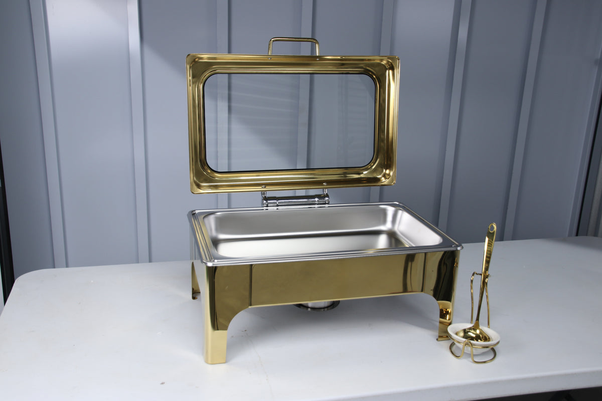 Gold Crystal Crown rectangle chafing dish with the lid open and the stainless pan visible